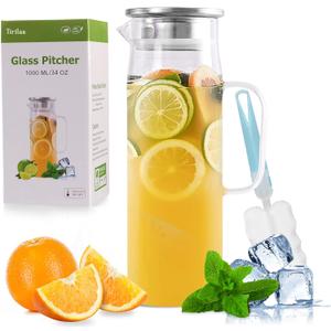 Glass Pitcher, 34 oz / 1 Liter Glass Pitcher with Lid, Glass Water Pitcher, Glass Carafe with Lid