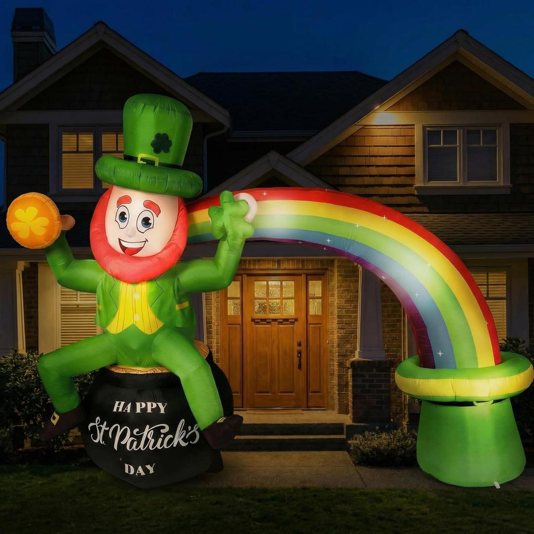 Shellwei 11.4 ft Long St. Patrick's Inflatable Decor St. Patrick's Blow up Inflatable Rainbow Arch with LED Light Shamrock Leprechaun in Pot of Gold Rainbow Arch for Indoor Outdoor Party Garden Lawn