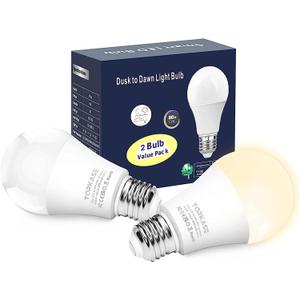 Torkase Outdoor Dusk to Dawn Light Bulbs, No Timer Required, 13W(100W Equivalent), 3000K Warm White, E26 A19 Automatic Sensor LED Bulb, Built-in Photocell Detector for Boundary Garage Patio, 2 Pack