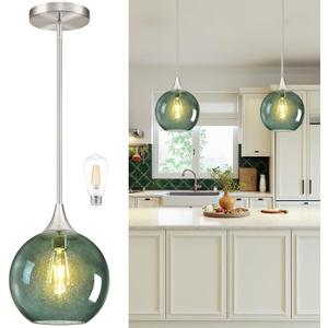 10" Gray Green Glass Modern Pendant Light Kitchen Island Mid Century Brushed Nickel Modern Pendant Lighting with Glass Globe Modern Hanging Pendant Light for Dining RoomBulb Incl.