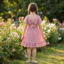 Noubeau Girls Summer Dress Tween Kids Short Sleeve Tie Back Off Shoulder Elegant Dresses 13-14 Years (Pink)