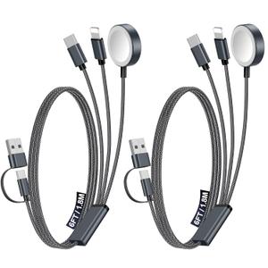2Pack Multi Charging Cable Cord for Travel Essentials,Apple Watch Charger,iPhone Charger,[3-in-2] Type C/Lightning Cable Portable Designed for iWatch,iPhone 17-8,Galaxy S25-21,AirPods,iPad-1.8M Black (2Pack-6 FT)