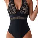 MakeMeChic Women's One Piece Swimsuit Floral Lace Halter Tie Back Beach Bathing Suit, (Medium, Black)