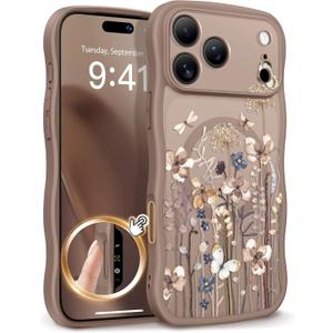 GVIEWIN for iPhone 17 Pro Case Compatible with MagSafe [Curly Wave Edge][Full Camera Protection] Floral Translucent Shockproof Magnetic Women Phone Case for iPhone 17 Pro 6.3'', Autumnflit/Brown