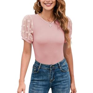 MIRALUNA Women's Round Neck Slimming Swiss Dots Mesh Puff Sleeve Bodysuit Blouse Casual Ribbed Knit Jumpsuit Shirts Tank Tops (Large, 3-pink)