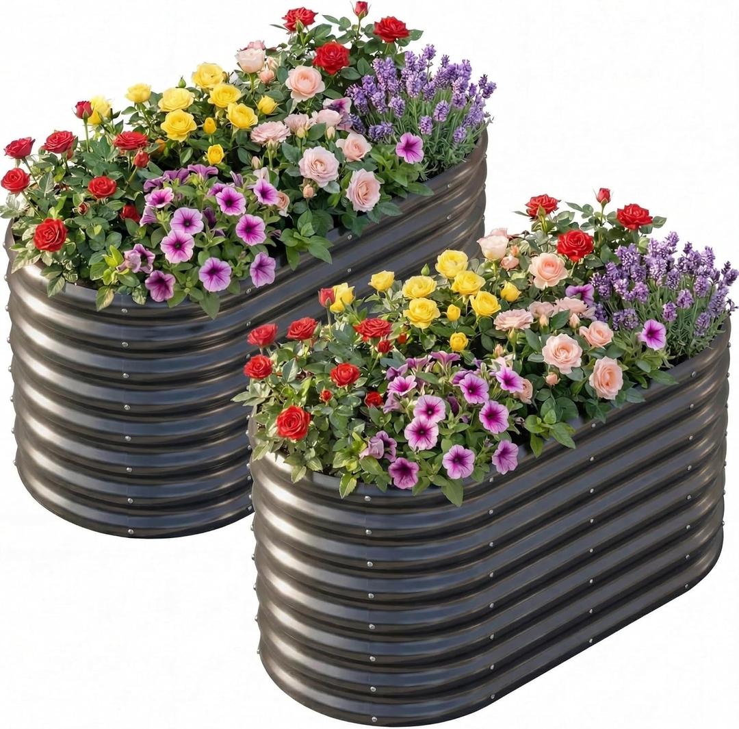 AHEONLAR 2 Pack 422ft Galvanized Raised Garden Bed Outdoor, Oval Sturdy and Durable Planter Boxes for Vegetables, Fruits, Flowers and Plants, Easy Assembly, Grey