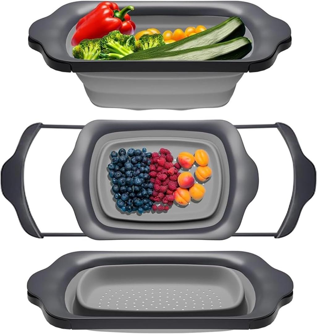 Comfify XL Large Kitchen Strainer - Collapsible Silicone Over-The-Sink Colander with Extendable Handles - Use with Pasta, Fruit, Berries & Veggie - 6 Quart - Gray