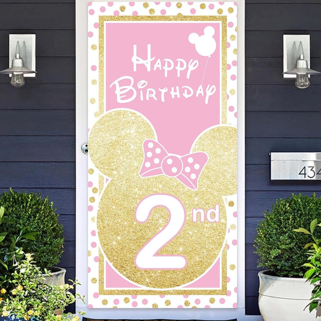 Cartoon Golden Pink Mouse Happy 2nd Birthday Banner Backdrop Background Supplies Favors Backdrop Oh Twodles Theme Decor for Boy Girl Princess High Chair Birthday Party Baby Shower Decorations