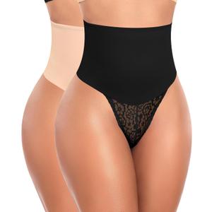 Werena Tummy Control Thong Shapewear for Women High Waist Body Shaper Panties Girdle Lace Shaping Underwear (Large, A# Black+beige)