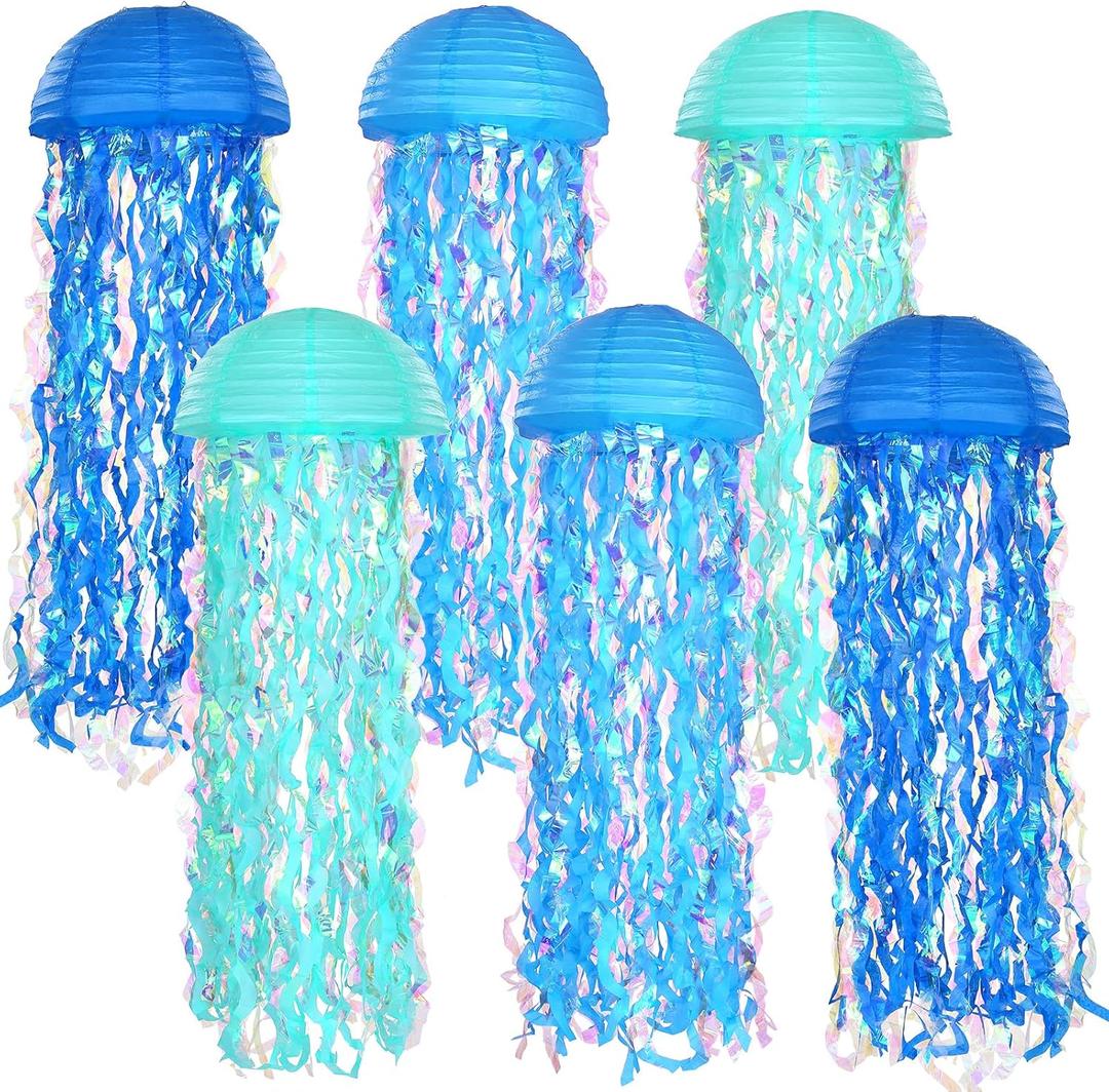 LIHAO 6 Packs Jellyfish Paper Lanterns, Gradient Colorful Paper Lanterns, Blue Hanging Lanterns for Mermaid Theme Party Under The Sea Ocean Birthday Decorations Baby Shower Baby Room