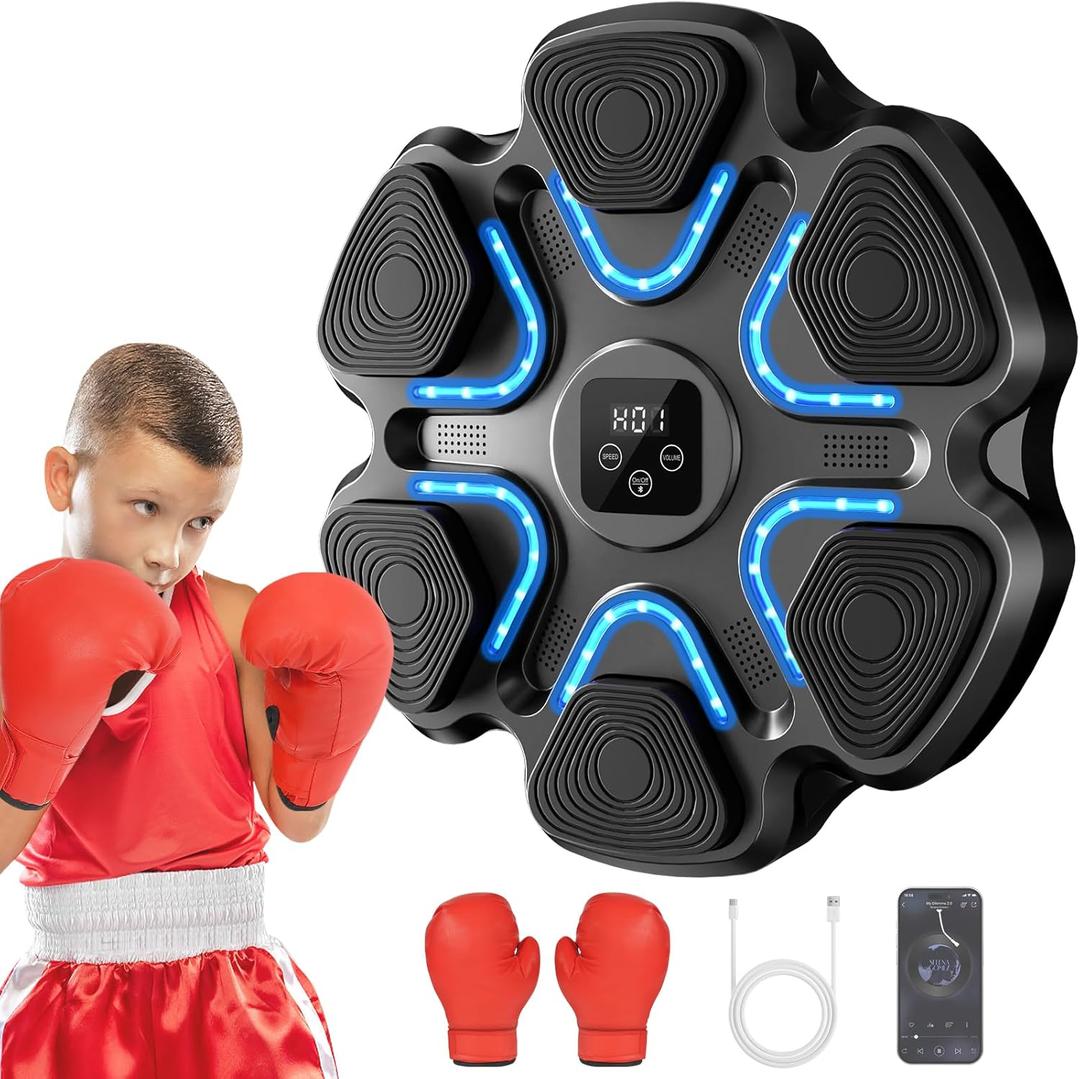 Music Boxing Machine for Kids and Adults, Wall Mounted Bluetooth Punching Trainer with Boxing Gloves, Intelligent LED Boxing Target Workout Machine for Teenagers Boys Girls