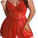 Women Plus Size Lingerie Mesh Babydoll Dress Sexy Lace Nightgown Lace Up Sleepwear Nighty with Gater Belt (Red, XL)
