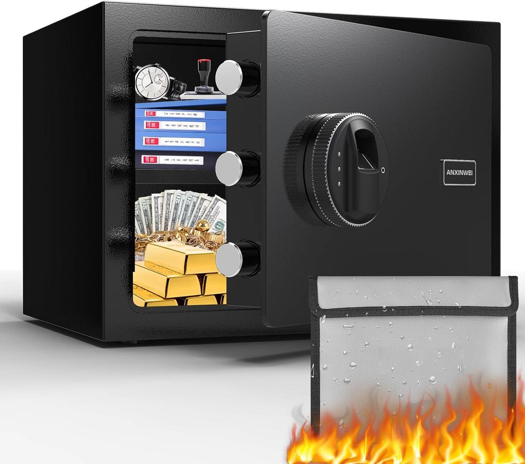 Small Safe Box, Fingerprint Home Safe for Money, Money Safe with Fireproof Waterproof Bag, 0.8 Cubic Biometric Small Fireproof Safe for Home