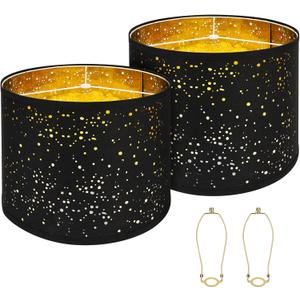 Large Lamp shades Set of 2 Starlight Light Effect Drum Lamp shades 15" Top x 15" Bottom x 12" High,Spider Fitter, Come with 10" Gold Lamp shade holder set of 2 Easy Assembly Required Black (15"X15"X12")