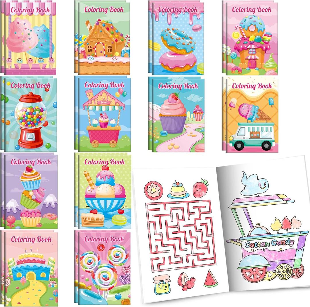 BenLouis 24 Pcs Sweet Mini Coloring Books Kids Candyland Donut Ice Cream Party Favors Small Activity Books Bulk for Kids Treats Desserts Birthday Goodie Bags Stuffers Return Gifts Classroom Travel
