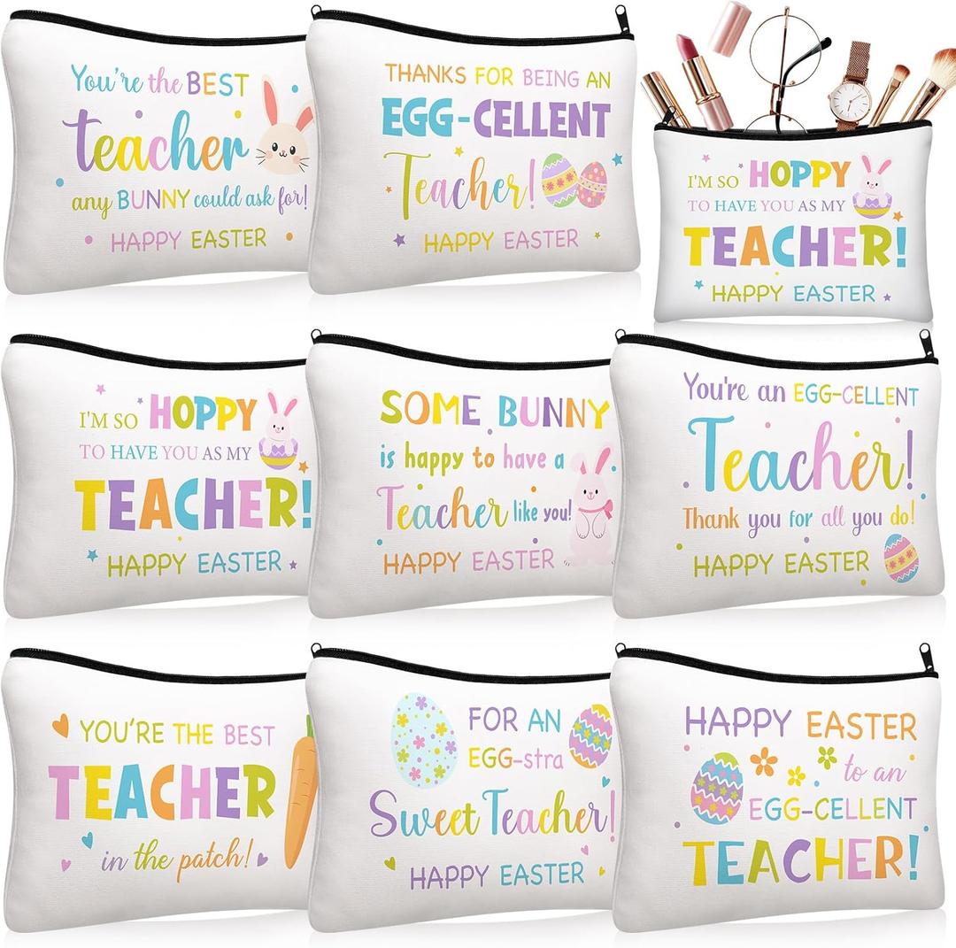 Tallew 8 Pcs Easter Teacher Appreciation Gifts Bulk, Easter Makeup Bag Basket, Bunny Eggs Makeup Bag for Teacher Appreciation Birthday Gifts