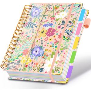 Spiral Journal Notebooks for Work, 300 Pages 5 Subject Notebook College Ruled with Dividers & Tabs, 8''x 10'' Large Notebook Journal for Women Students Note-Taking and Organizer (Beige Bloom)