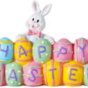 3 Bunny Holding Eggs and Happy Easter Decorations, Resin Easter Bunny Rabbits Figurine Tabletop Centerpiece for Spring Decor Easter Home Office Party Decor