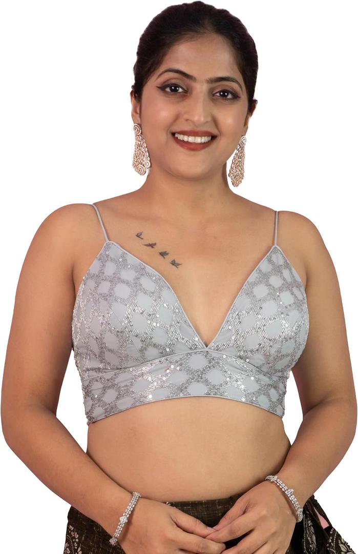 FIGURE'S DESIGNER Women's Sequin Waves Embroidered Deep V Neck Spaghetti Style Sleeveless Readymade Padded Saree Blouse E15 (42) Silver