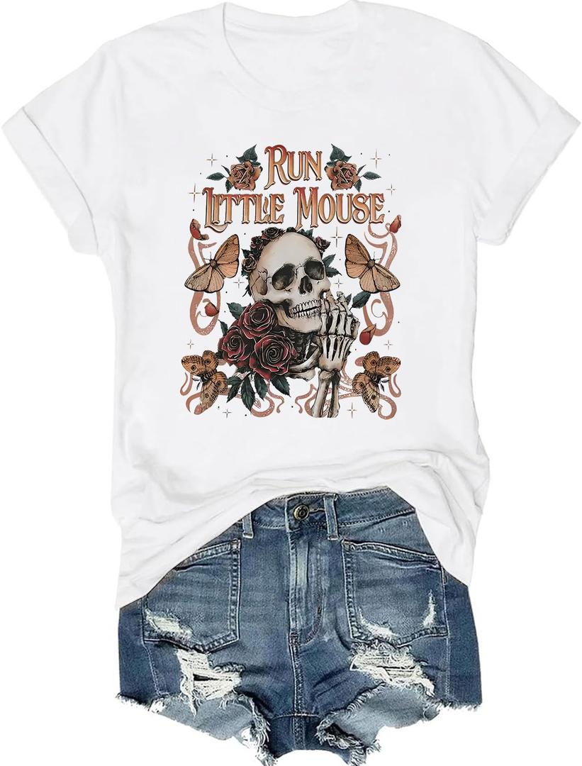 Funny Skull Shirts for Women Vintage Inspired Tee Cute Graphic Tees Spooky Skeleton Tops Casual Short Sleeve Women Top(Black3-S) (Black, S)