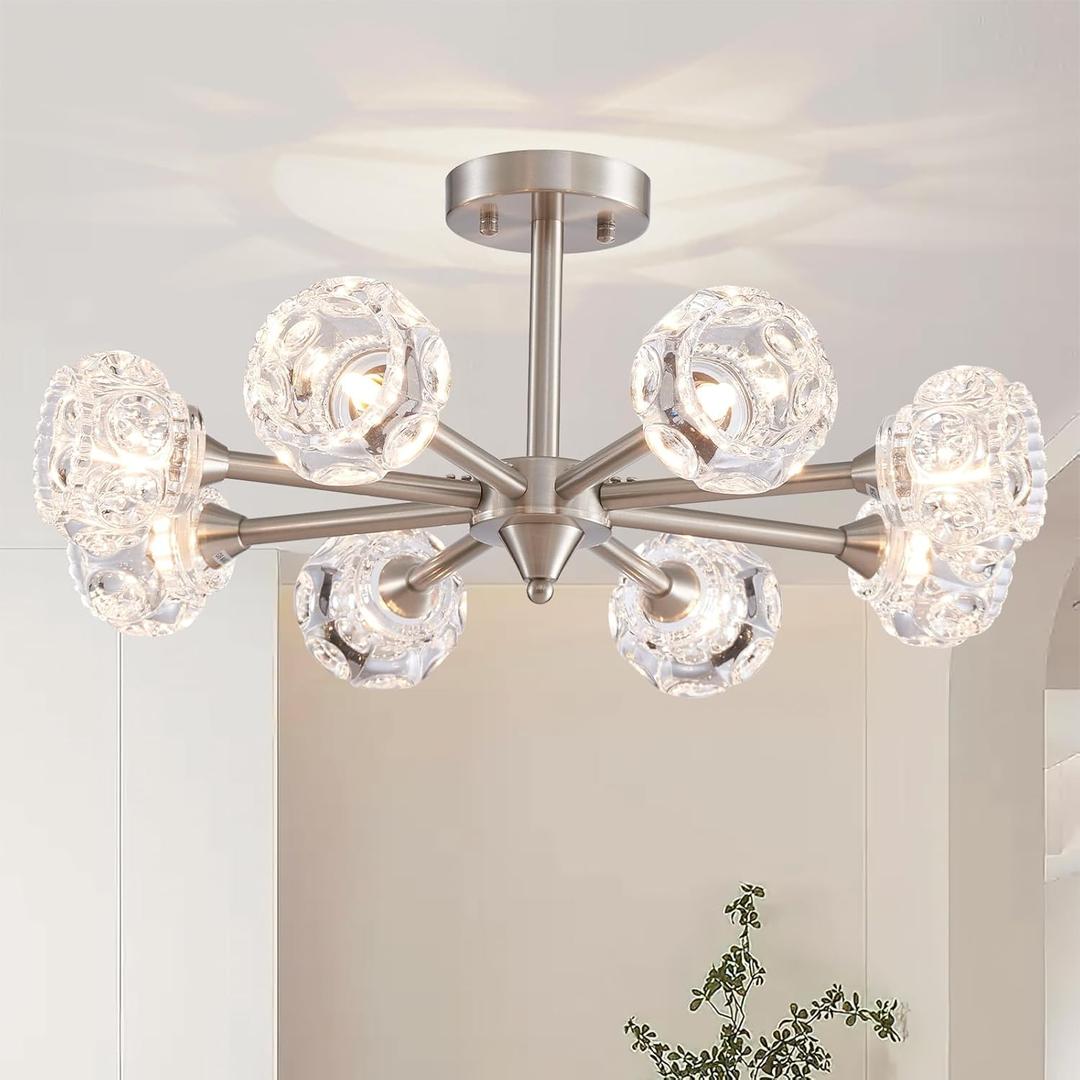 XINGQI Brushed Nickel Ceiling 8 Light Modern 24" Semi Flush Mount Sputnik Ceiling Light Fixture Industrial Chandelier Farmhouse Lighting for Hallway Dining Room Living Room Kitchen Bedroom