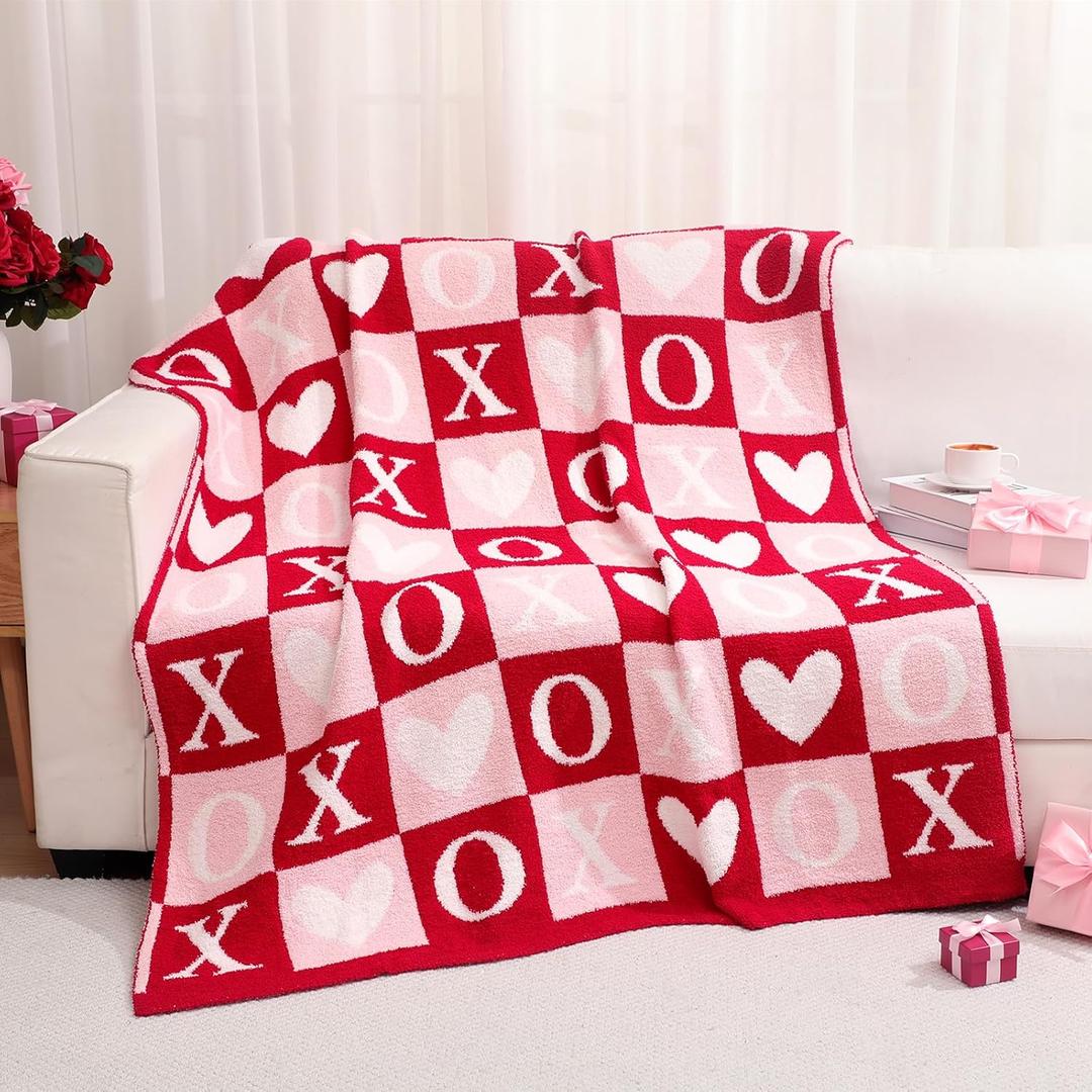 Buryeah Valentine's Day Knit Throw Blanket, 50 x 60 Inch Heart Red Pink White Reversible Knitted Throw Blanket, Soft Lightweight Cozy Love Gift for Wife Women Couch Sofa Bed Decor
