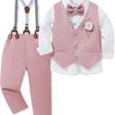 WESIDOM Toddler Boy Clothes Suit Formal Dress Shirt+Bowtie+Vest+Boutonniere+Suspender Pants Boys Gentleman Outfits Set, 4-5T