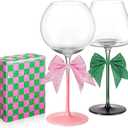 Honeydak 5 Pcs 18 oz Witch Pink Green Crystal Wine Glass Set Includes 2 Theme Wine Glass 2 Glitter Bows and 1 Designed Wrapping Paper for BFF Couples Witch Lover Musical Play & Movie Lovers Gift