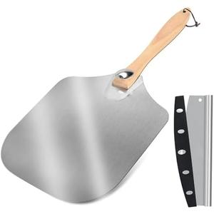 JUSTHERE Pizza Peel Aluminum Pizza Spatula Set, 12" X 14" Pizza Paddle with Pizza Cutter & Foldable Wooden Handle, Indoor/Outdoor Pizza Oven Accessories for Party, Baking, Dinner