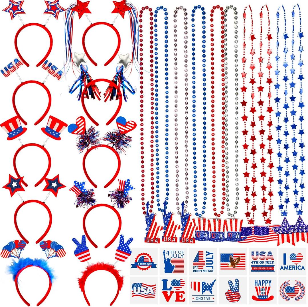 Garma 4th of July Accessories Party Supplies, 92Pcs Fourth of July Party Favors with Headbands Necklaces Tattoo Stickers for Independence Day Patriotic Celebrations Parades Classroom Rewards for Kids