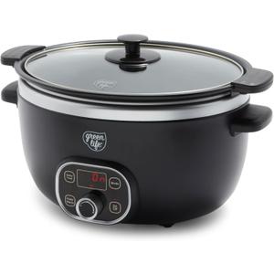 GreenLife 6 Quart Ceramic Slow Cooker, PFAS-Free, Programmable, Removable Healthy Nonstick Pot for large families, Sear on Stovetop, Keep Warm, Digital Timer, Dishwasher Safe Glass Lid & Crock, Black (6 Quarts, Black)