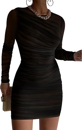 GOKATOSAU Women's Sexy Round Neck Mesh Long Sleeve Full Ruched Bodycon Mini Dress, L, Black