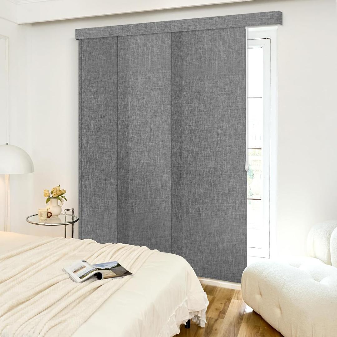 Adjustable Panel Track Blinds Light Filtering Vertical Blinds with Valance, Room Dividers, Retractable Track from 42" to 74" W, Trimmable Panel Up to 96" H (Light Grey)