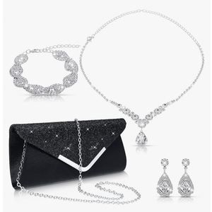 4 Pcs Women Rhinestone Jewelry Set Floral Wave Teardrop Crystal Wedding Necklace Earrings Floral Cluster Wave Bracelet Glitter Envelope Evening Bag Handbag Party Bridal Purse