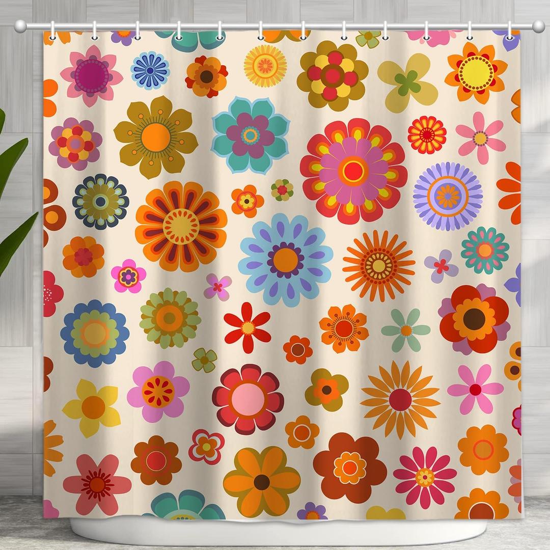 Retro Flower Shower Curtain, Groovy Vintage Hippie Funky 70s Sun Flowers Shower Curtains for Bathroom Decor, Boho Colorful Floral Shower Curtain Set with 12 Hooks, 47X64IN Bath Decor (Orange)