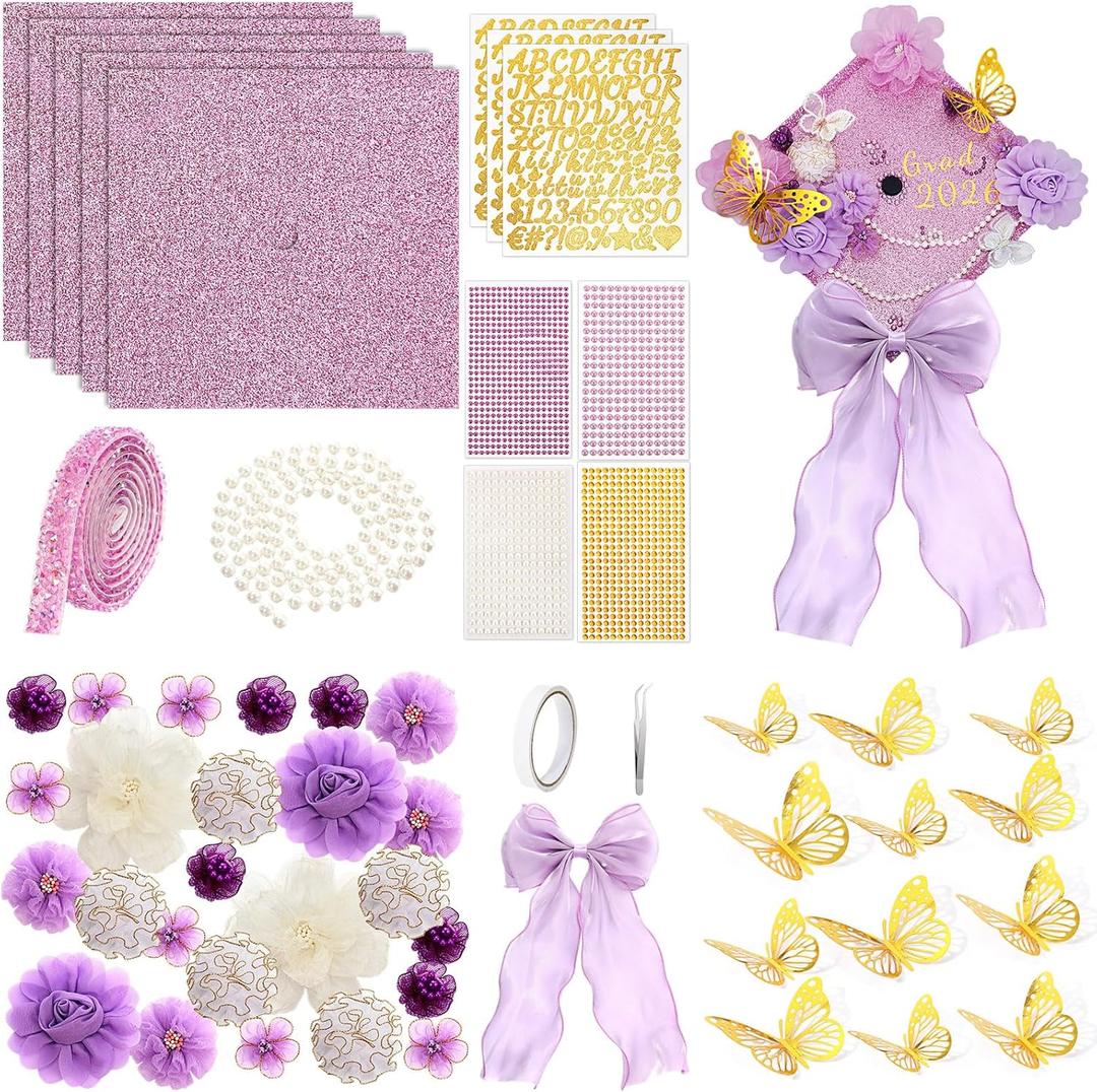 Wavwavw 58 Pcs DIY Graduation Cap Decorations Kit Grad Cap Decor Included Faux Flowers Bow Mesh 3D Butterfly Stickers, Adhesive Rhinestones, Glitter Letter Stickers, for 2026 Grad Party(Purple)