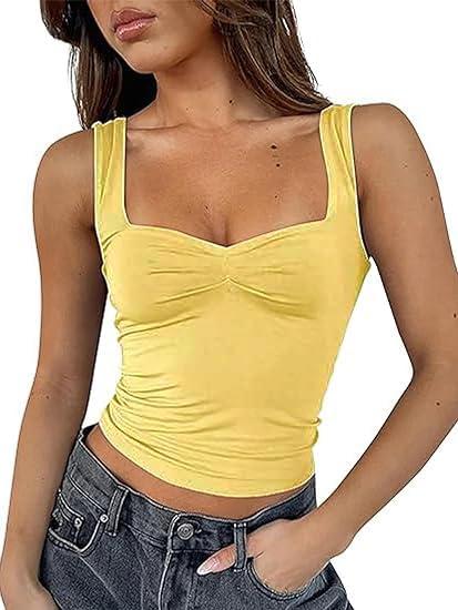 ForeFair Women Sleeveless Sexy Backless Going Out Crop Top Y2K Strappy Ruched Tank Top Summer Tight Slim Fit Cute Tops (Small, Light Yellow)
