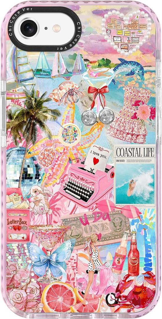for iPhone 7/8/SE Case, Coastal Life Pattern with Tropical Collage, Military-Grade Drop Protection, Pink Paradise Soft Slim TPU Protective Cover with Camera Protection for Women & Girls