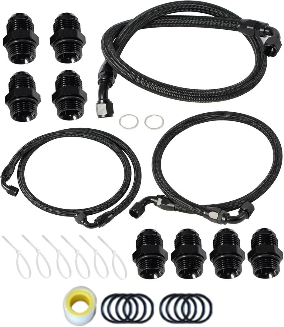 10AN Upgraded Transmission Cooler Line Kit Nylon and Stainless Steel Braided Cooling Hose Fitting Kit Compatible with Chevrolet/GMC 6.6L Duramax (LLY/LBZ/LMM) 2006-2010 Anodized