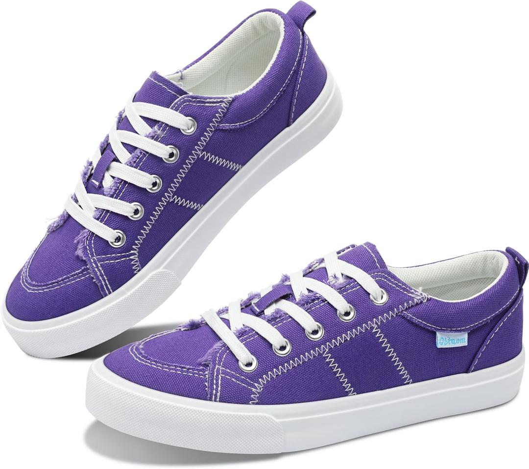 Obtaom Women's White Play Fashion Sneakers Cute Lace up Canvas Shoes Low Top Washed Canvas Flat for Lady (10, Purple)