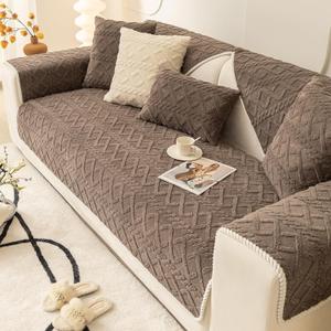 vctops Geometric Jacquard Plush Sofa Couch Covers Farmhouse Neutral Non Slip Sectional Couch Cover Soft Warm Sofa Slipcover for Dogs, Children, Pets Furniture Protector (Brown,28"x82")