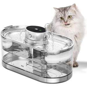 Wireless Cat Water Fountain Cordless Battery Operated Cat Fountain Stainless Steel, 3.2L/108oz Automatic Pet Water Dispenser Rechargeable Drinking Fountains for Multiple Cats Indoor, with 2 Filters