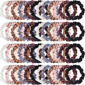 WILLBOND 48 Pieces Neutral Mini Satin Hair Ties Small Scrunchies Bulk Multicolor Elastic Silk Hair Bands Accessories Ponytail Holders for Women (Neutros)