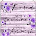 Set of 2 Pack, OXRUN 3 PCS Purple Floral Wall Art Hanging Decor, Inspirational Quotes You Are Beautiful Wood Decor, Valentine's Day Gift for Her Living Room Bathroom - A08