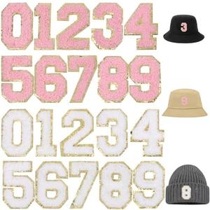 20Pcs Iron on Number Patches, Self-Adhesive Chenille Embroidery Patches 0-9 Iron on Numbers Applique with Gold Glitter Sequins for Team Jerseys Sports Football Jeans Bags Hats Clothing Decors