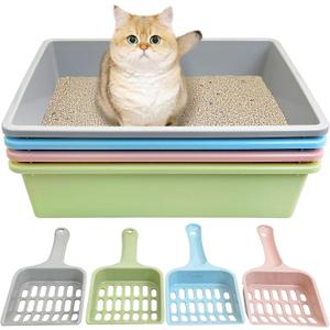 Kathson 4PCS Medium Open Cat Litter Box with Scoop, Durable Non-Stick Plastic Litter Pan for Cats, Puppies, Bunnies, and Small Animals, 15 x 11 x 4 Inches