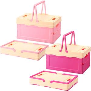 2 Pcs Pastel Plastic Storage Bin with Lid and Handle Cute Collapsible Storage Crates Foldable Plastic Basket Stackable Bins for Home Kitchen Office Bathroom Picnic (Pink,Hot Pink)