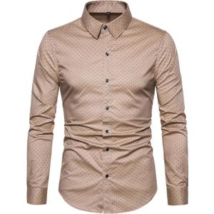 MUSE FATH Men's Printed Cotton Casual Long Sleeve Regular Fit Dress Shirt (Large, Khaki)