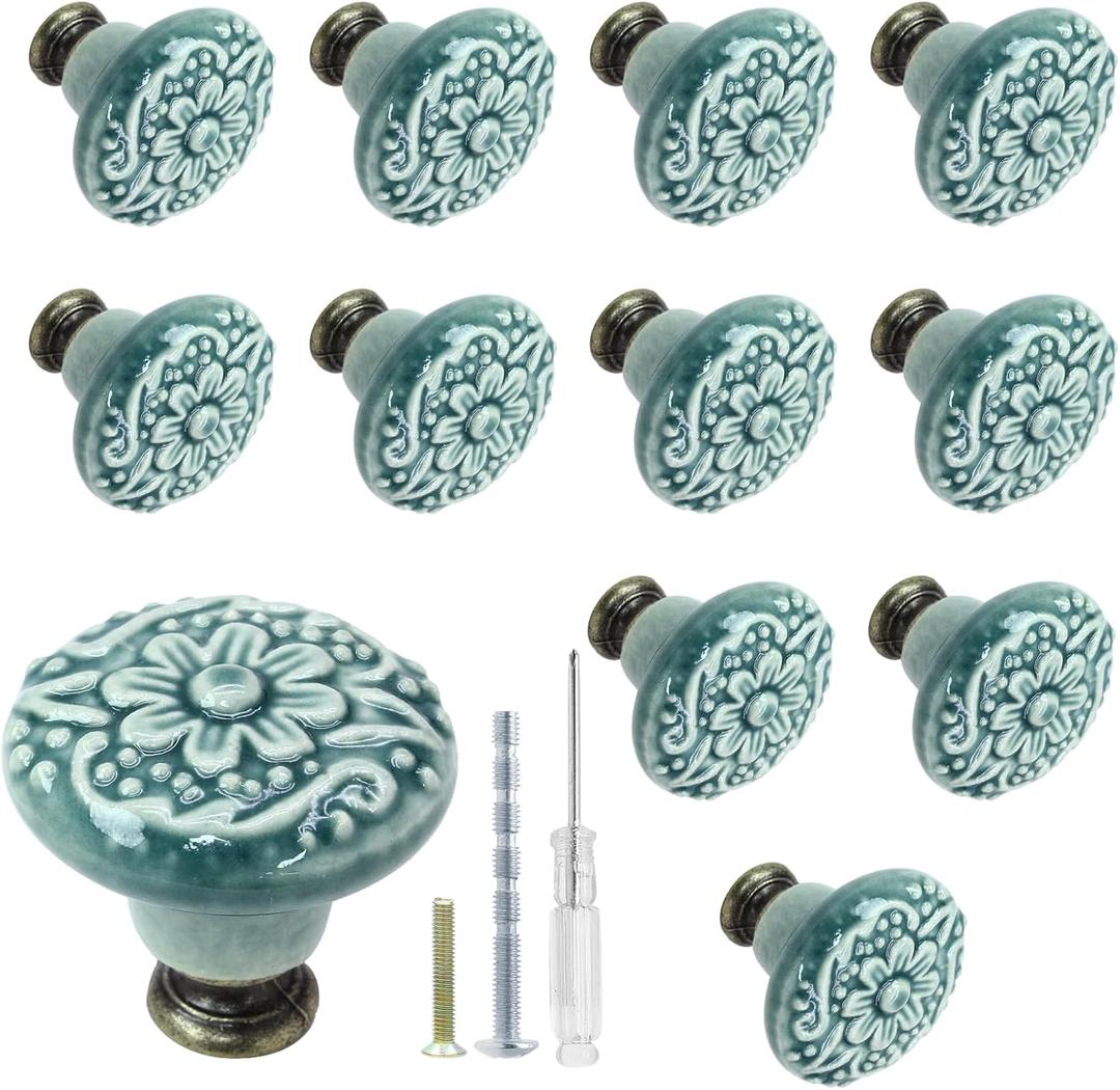 Biaungdo 12 Pcs Green Ceramic Kitchen Cabinet Knobs & Pulls, Retro Vintage Round Drawer Knobs, Decorative Closet Door Handles