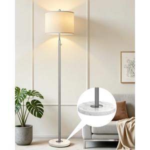 Upgraded Dimmable Floor Lamp for Living Room, 11W LED Bulb Included, Modern Standing Lamp with Marble Base, Tall Pole Light with Linen Shade for Bedroom Reading Office Corner Nursery-Brushed Nickel